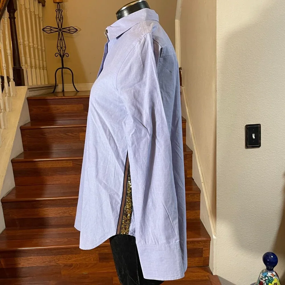 J. Crew Women's Sequin Side Stripe Cotton Button-up Blue Long Slv. Blouse Sz. 14 - Picture 6 of 10